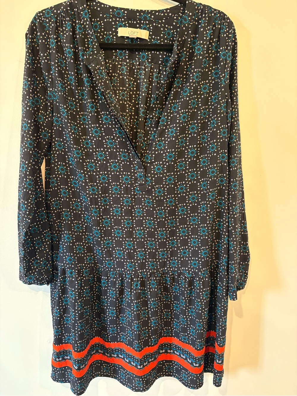 LOFT Navy Floral-Print Long Sleeve Shift Dress with Orange Accents